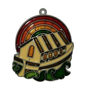 Vntg Handmade Stained Glass Noah's Ark Rainbow Bible Story Suncatcher Ornament
